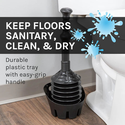 Black Bellows Accordion Toilet Plunger With Drip Tray next to toilet highlighting easy-grip handle, durable design for mess-free use.