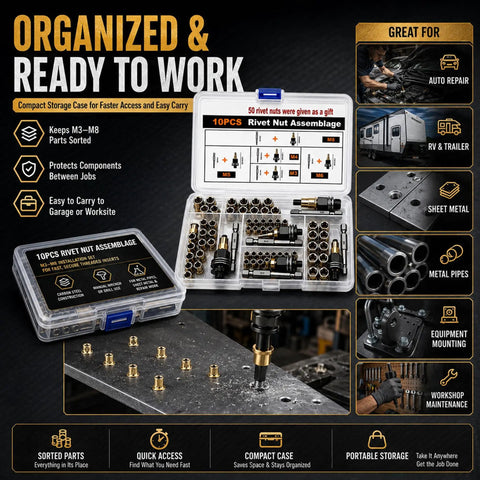 Ultimate Rivet Nut Tool Set Kit With Carbon Steel Body M3 Through M8, 50 Piece Metric Rivet Nut Setter Kit For Creating Threads In Thin Materials, Durable Case For Easy Storage And Fast Pro Grade Repairs, organized case open