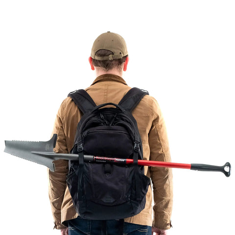 Beast Of A Compact Steel Garden Spade With Serrated Blade And Inverted V Tip For Root Removal on backpack for portability.