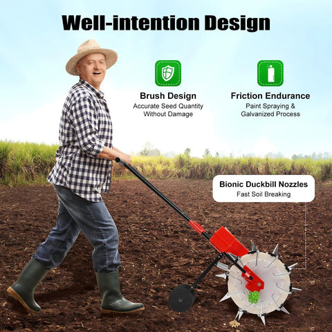 Man using Hand Push Seeder With Equidistant Nozzles For Quantitative Sowing in field, showing brush design and bionic duckbill nozzles.