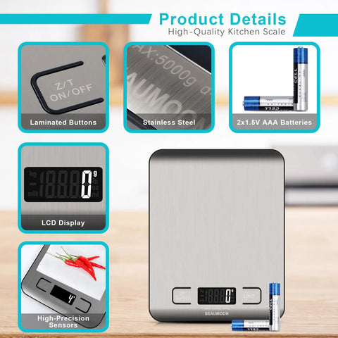 Pro Grade Kitchen Scale For Precision Cooking And Meal Prep With Stainless Steel Body And Clear LCD Display Tare Function Works In Grams Ounces And Milliliters From 1g To 11lb 5kg A Game Changer For Coffee And Baking, showing detailed features