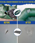 Before and after repair using Heavy Duty PVC Inflatable Patch Kit With Sealer And Cord for boats, rafts, sup boards, and pools