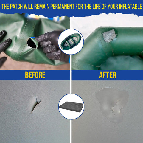 Before and after repair using Heavy Duty PVC Inflatable Patch Kit With Sealer And Cord for boats, rafts, sup boards, and pools