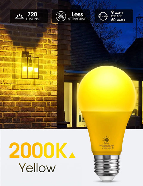Dusk To Dawn Outdoor A19 Photocell Sensor LED Bulbs 9W 60 Watt Equivalent Daylight 5000K 900 Lumens No Fuss Auto On Off Porch Light E26 Base UL Listed 4 Pack Today, glowing bulb against house at night