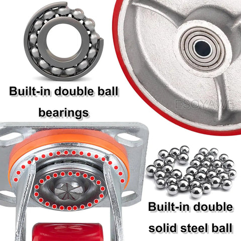Built Tough Heavy Duty Plate Caster Replacement Set Featuring Dead Silent Polyurethane Wheels Double Ball Bearing Steel Hub swivel foot brake and steel bearings.
