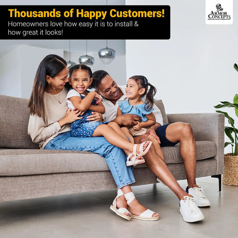 Happy family sitting on a couch, promoting Interior Door Jamb Repair Kit Fix A Jamb 24 Inch For 1-3/8 Inch Doors White.
