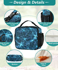 Glowing Blue Lightning Bolts Insulated Lunch Bag For Kids And Adults With Dope Shoulder Straps For Office Travel School Keeps Food Fresh Spacious Main Compartment And Two Side Pockets Durable Polyester Cooler Tote, front view with side pockets