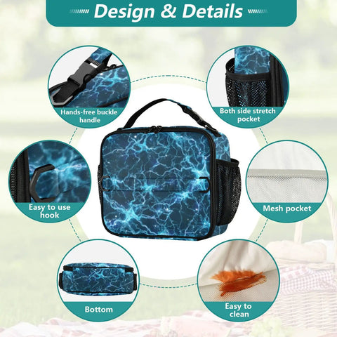 Glowing Blue Lightning Bolts Insulated Lunch Bag For Kids And Adults With Dope Shoulder Straps For Office Travel School Keeps Food Fresh Spacious Main Compartment And Two Side Pockets Durable Polyester Cooler Tote, front view with side pockets