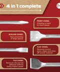 Four Piece SDS Plus Chisel Set For Rotary Hammer Drills With Point Flat Scaling And Tile Chisels 10 Inch Long 40Cr Steel