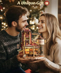 Couple enjoying 3D Wooden Puzzle Kit For Adults Gift Factory Mechanical Model With Music And Lights 449 Pieces, illuminated and detailed.