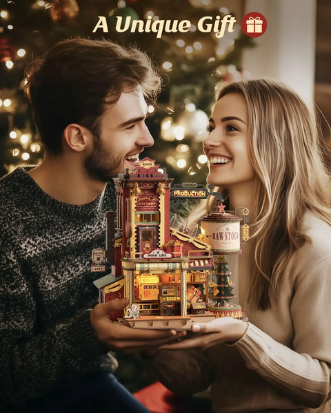 Couple enjoying 3D Wooden Puzzle Kit For Adults Gift Factory Mechanical Model With Music And Lights 449 Pieces, illuminated and detailed.