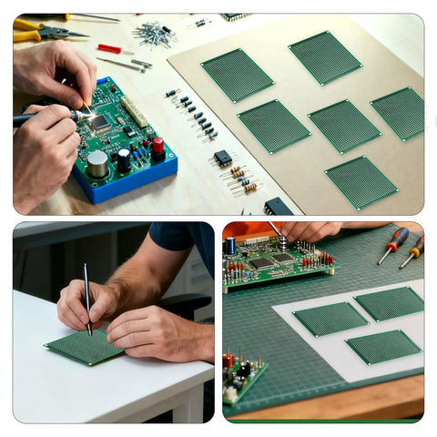 All In One PCB Prototyping Kit With 31 Double Sided Boards In Five Sizes, 140 Jumper Wires, Tweezers, And 40 Pin 2.54mm Header Connectors For Arduino Projects And DIY Electronics visible in use and layout.