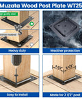 4 Pack Wood Post Plate Connectors For 3.5 By 3.5 Posts Deck Post Base Plate For Fence And Railing Black 45 Steel WT25 Built To Last Heavy Duty Outdoor Post Brackets in use showing installation and weather protection features.