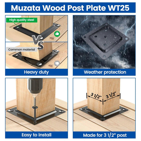 4 Pack Wood Post Plate Connectors For 3.5 By 3.5 Posts Deck Post Base Plate For Fence And Railing Black 45 Steel WT25 Built To Last Heavy Duty Outdoor Post Brackets in use showing installation and weather protection features.