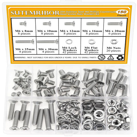 150 Piece M6 Countersunk Phillips Machine Screws Nuts Washers Set For 304 Stainless Steel Fully Threaded Assortment Kit