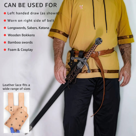 Left Handed Medieval Renaissance Leather Sword Frog for Longsword and Shortsword Holster Genuine Cowhide Deep Brown Finish