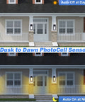 Dusk To Dawn Outdoor Porch Lights 2 Pack With Photocell Sensor illuminating front porch at night and off during day.