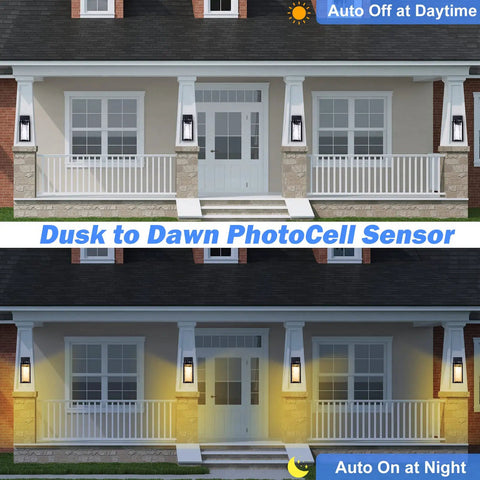 Dusk To Dawn Outdoor Porch Lights 2 Pack With Photocell Sensor illuminating front porch at night and off during day.