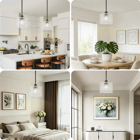 BOKUNOFU Glass Pendant Light Kitchen Island in a modern kitchen with hammered glass shade and adjustable hanging design.