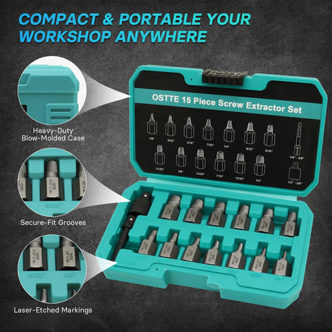 15 Piece Screw Extractor Set for Stripped Bolts and Screws, Easy Out Bolt Extractor Kit with Three Eighths Inch Hex Drive open case view
