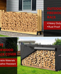 Outdoor heavy duty firewood rack and 8-foot cover bundle for wood storage, weather resistant, black silver, on lawn and patio.