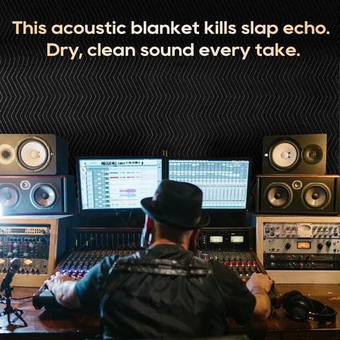 Heavy Duty Sound Dampening Acoustic Blankets 2 Pack 96 X 80 Inches 850 Gsm Solid Build used in studio for echo control.