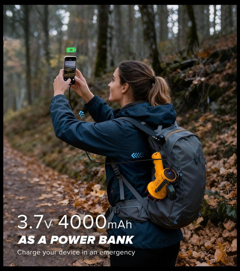 Person hiking with 2 Pack Rechargeable Spotlight Flashlights 1,000,000 Lumen Beast Bright IP67 Waterproof Handheld Search Light clipped to backpack.