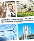 Collage showing clevis pins usage: smiling engineer, greenhouse machinery, wind turbines, and industrial plant