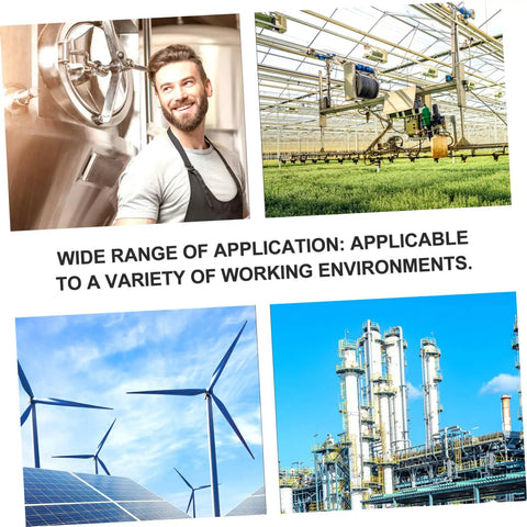 Collage showing clevis pins usage: smiling engineer, greenhouse machinery, wind turbines, and industrial plant