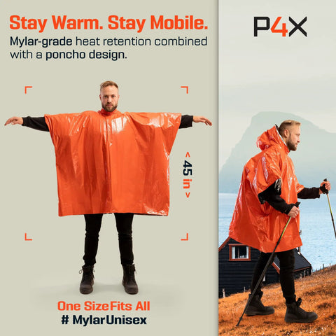 Man wearing Emergency Mylar Poncho With Hood For Rain And Wind Lightweight Reusable Survival Blanket Poncho with hiking gear