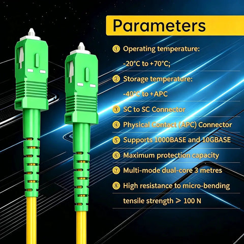 Top Tier Sc Aplc To Sc Aplc Fiber Optic Patch Cord Os2 Single Mode Cable 10 Feet Length connectors and specs on a futuristic background.