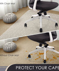 Clear 32x48 Office Chair Mat For Carpeted Floors, Heavy Duty Desk Chair Mat With Studded Underside, No Slip Pad Protects Low Pile Carpets, Easy Glide Under Desk Movement, Ships Flat; showing comparison with and without mat, preventing carpet damage.