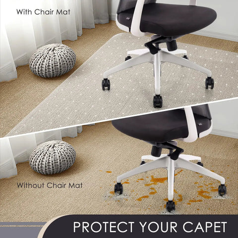 Clear 32x48 Office Chair Mat For Carpeted Floors, Heavy Duty Desk Chair Mat With Studded Underside, No Slip Pad Protects Low Pile Carpets, Easy Glide Under Desk Movement, Ships Flat; showing comparison with and without mat, preventing carpet damage.