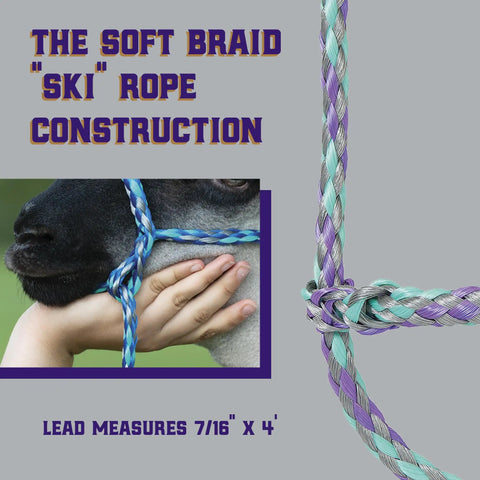 Braided Poly Rope Livestock Halter For Sheep And Goats 4 Ft adjustable halter on sheep with soft braid construction detail