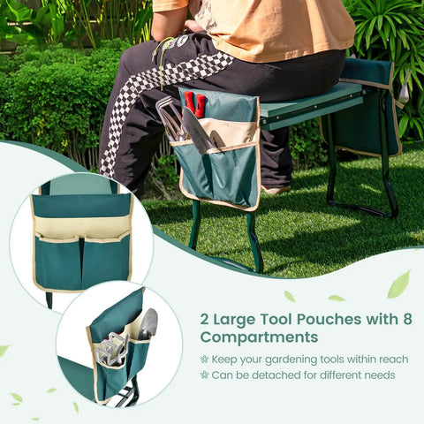 Person using Foldable Garden Kneeler And Seat With 8 Inch Wide EVA Foam Pad, Heavy Duty Garden Stool With Two Big Tool Pouches