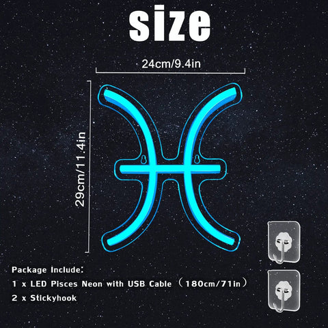 Pisces Neon Sign For Wall Decor Led Zodiac Light Dope Vibe Horoscope Neon Light For Birthday Parties And Home Kids Room size diagram