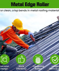 Worker using Pro-Grade Metal Bending Tool Set for standing seam roofing edge roller on metal roof with safety gear.