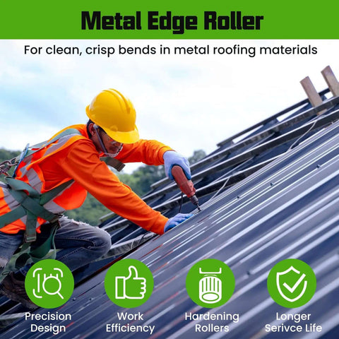 Worker using Pro-Grade Metal Bending Tool Set for standing seam roofing edge roller on metal roof with safety gear.