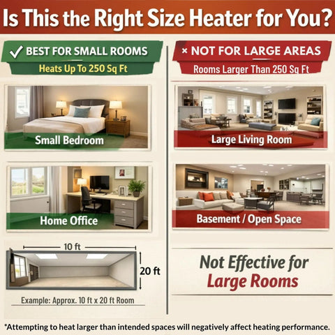 Comparison chart showing room sizes effective for Electric Forced Air Heater With 5120 BTU EUH1500, including small bedroom and home office.