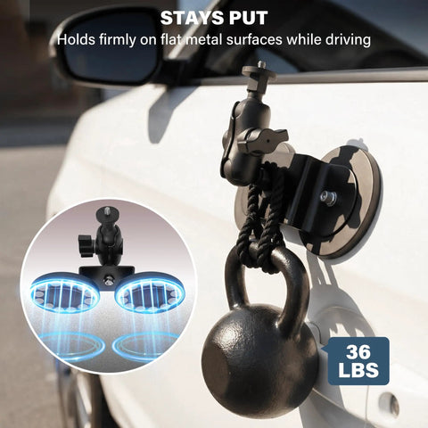 Heavy Duty Magnetic Car Mount For Insta360 And Action Cam With N52 Magnet Quick Release Base mounted on metal surface with a 36 lbs weight.
