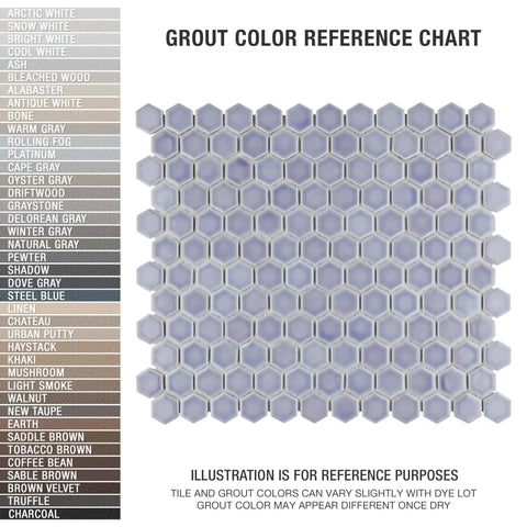 Grout color reference chart with lavender One-Inch Hex Porcelain Mosaic Tile For Floors And Walls, 11.88 x 13.25 in