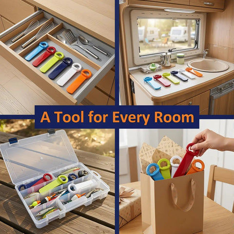 Colorful 6 Pack Jar Lid Opener Tool Set Featuring Long Lever Handle To Pop Loose Stubborn Vacuum Seals Effortlessly.
