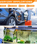 No Sweat Portable Cordless Fuel Transfer Pump Battery Operated Gas Siphon Tool for refueling a car and draining an aquarium.