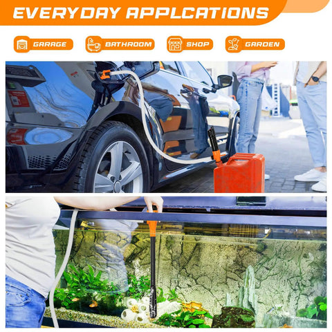 No Sweat Portable Cordless Fuel Transfer Pump Battery Operated Gas Siphon Tool for refueling a car and draining an aquarium.