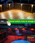 Outdoor Solar Deck Lights Set Of 6 Dope 7 Color RGB Waterproof Step Lights on deck with warm white and RGB modes visible