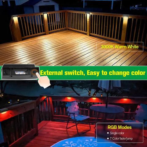 Outdoor Solar Deck Lights Set Of 6 Dope 7 Color RGB Waterproof Step Lights on deck with warm white and RGB modes visible