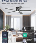 Sleek 52 Inch Black Flush Mount Ceiling Fan With Low Profile Frame And Soft Ambient Lighting Delivers Solid Airflow Without Dropping Down Or Cluttering Your Space with remote control and app options.