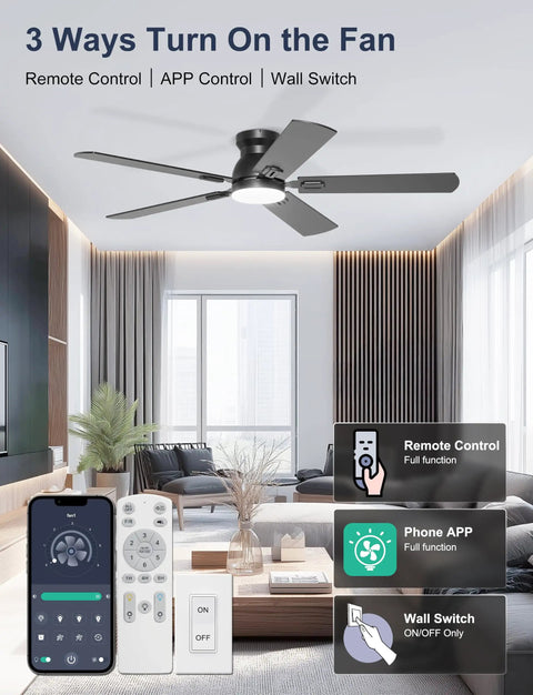 Sleek 52 Inch Black Flush Mount Ceiling Fan With Low Profile Frame And Soft Ambient Lighting Delivers Solid Airflow Without Dropping Down Or Cluttering Your Space with remote control and app options.