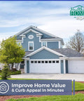 Front view of blue house with clean gutters, promoting Worlds Best Gutter Cleaner For All Types Of Rain Gutters Siding And Metal Trim Quickly Removes Black Streaks Dirt Filth And Oxidation Ready To Use No Mixing Required 32 Oz