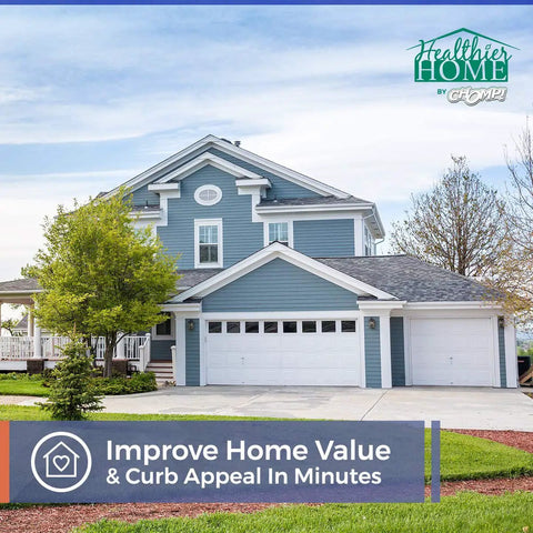 Front view of blue house with clean gutters, promoting Worlds Best Gutter Cleaner For All Types Of Rain Gutters Siding And Metal Trim Quickly Removes Black Streaks Dirt Filth And Oxidation Ready To Use No Mixing Required 32 Oz